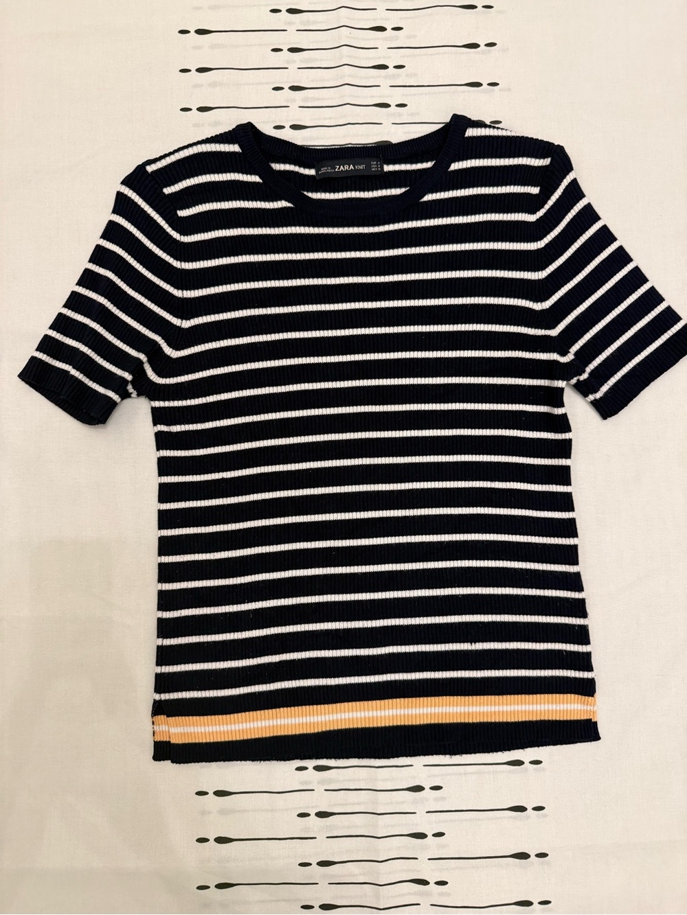 Zara Navy and White Striped Short Sleeve Tee with Yellow Hem
